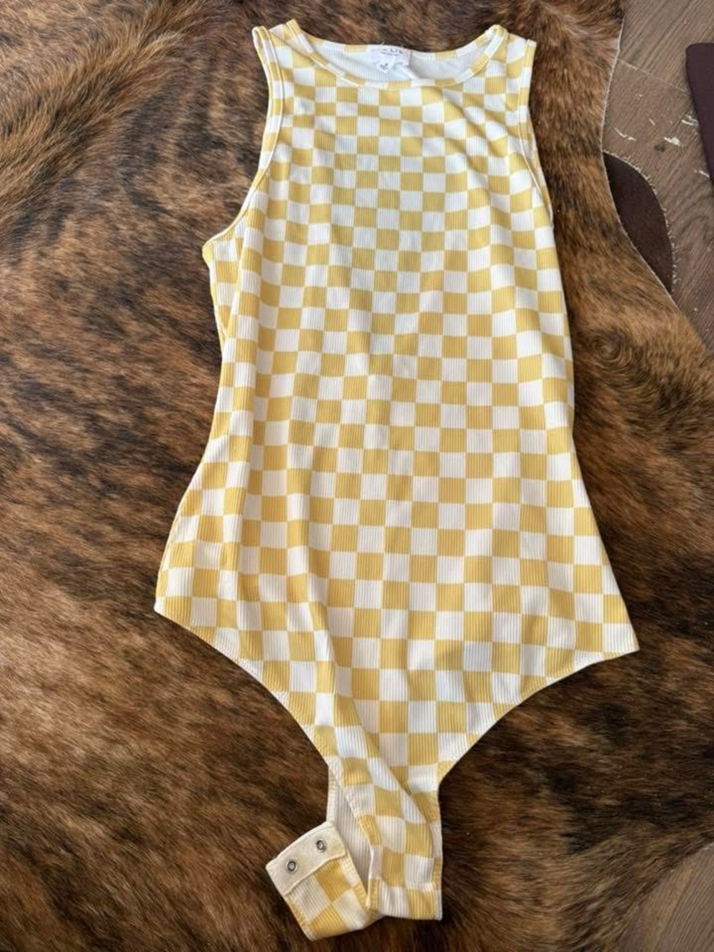 Yellow Checkered Ribbed Sleeveless Bodysuit